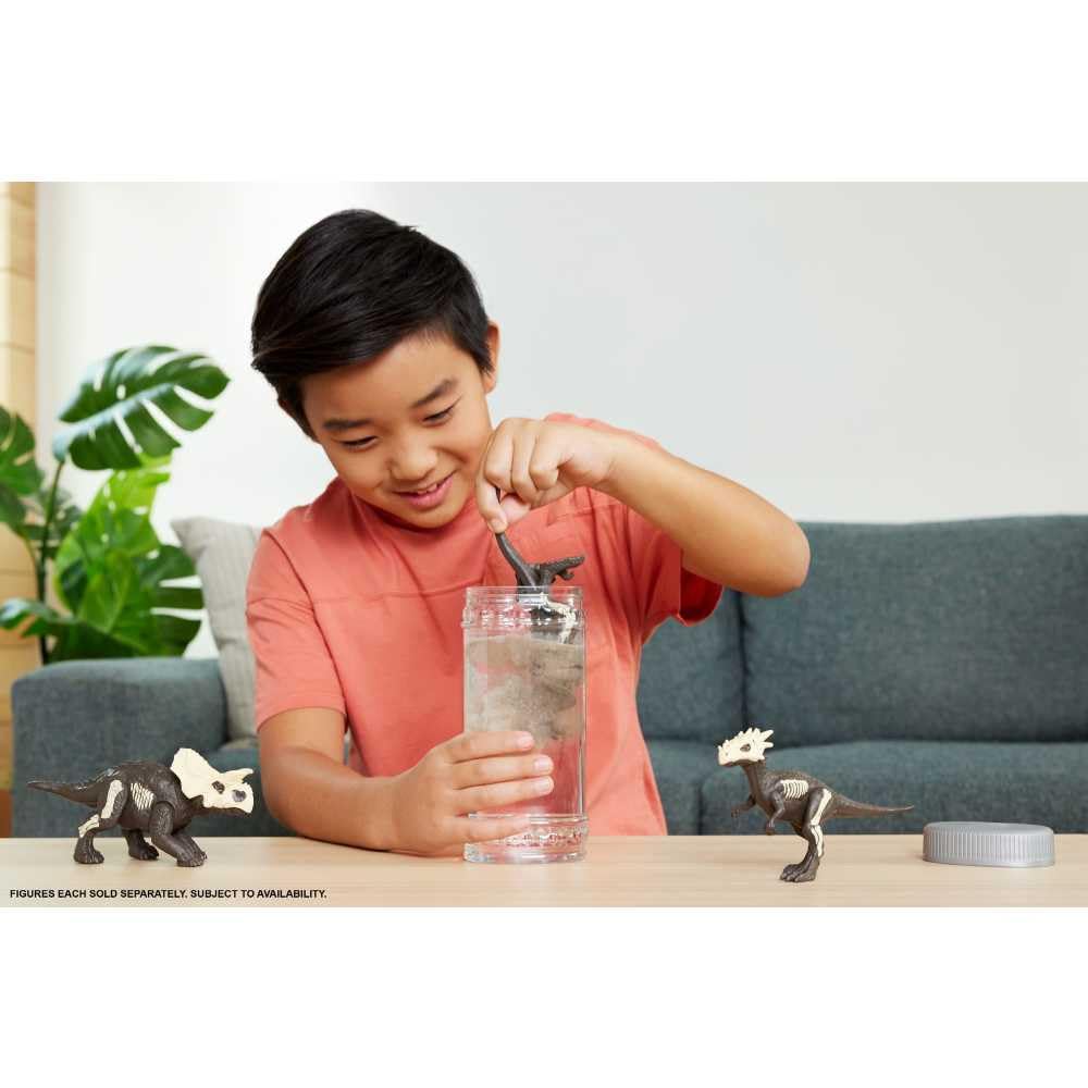 Mattel Jurassic World Dino Reveal Dinosaur Toys, Unpack Surprise & Warm Water Uncovers Full Decoration, 5 to 7 Inches, Species Vary