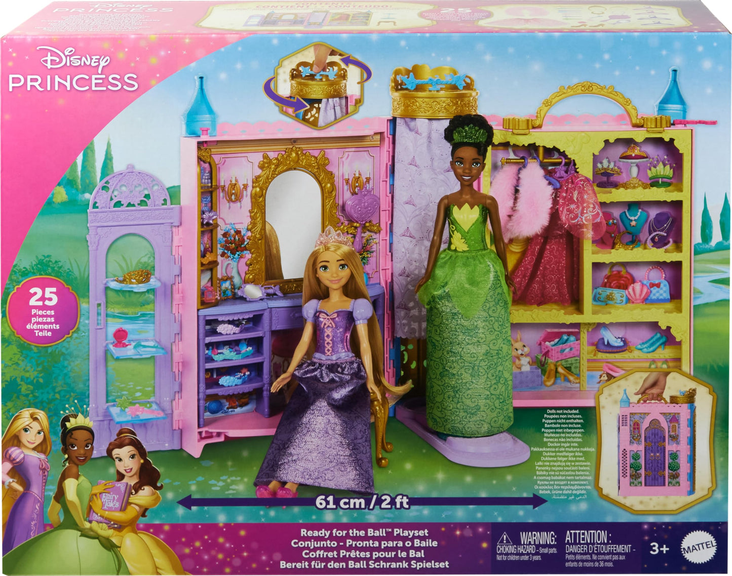 Mattel Disney Princess Toys, Ready for the Ball Closet Playset Opens to 2 Feet Wide & Includes 2 Fashions, 25 Accessories, Storage & More