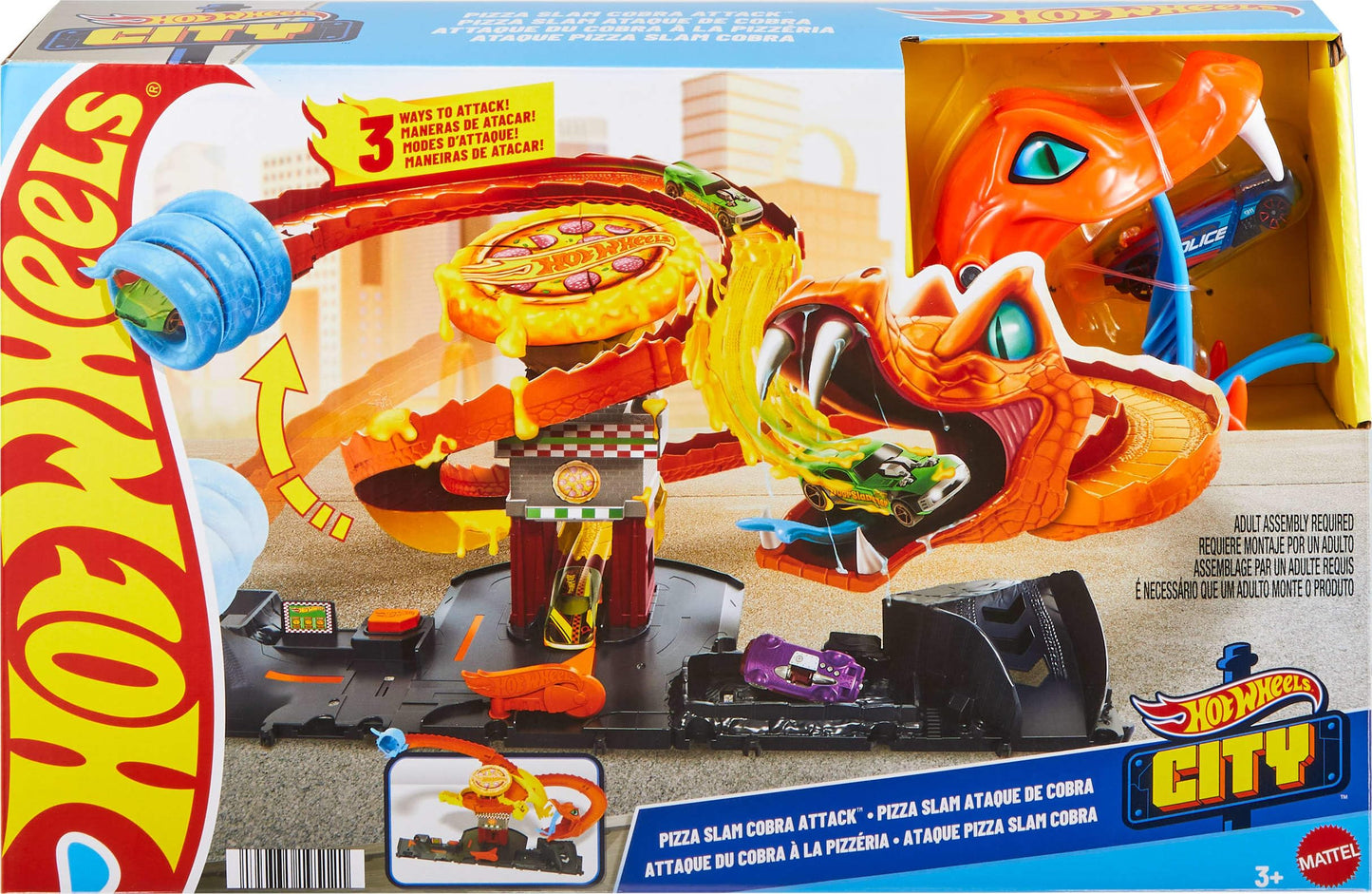 Hot Wheels City Toy Car Track Set, Pizza Slam Cobra Attack Playset, Snake Tail Spiral with Randomizer, 1 Vehicle in 1:64 Scale