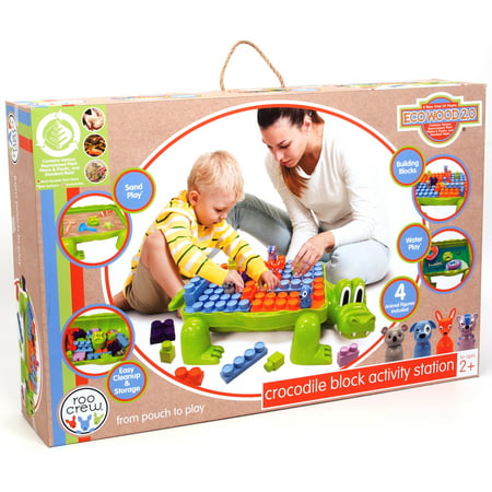 Roo Crew Crocodile Block Activity Station with Storage (20 Blocks + 4 Cute Animal Figures - Koala Dog Kangaroo Tiger) Animal Building Toys for Toddlers Eco-friendly Big Building Blocks Made with
