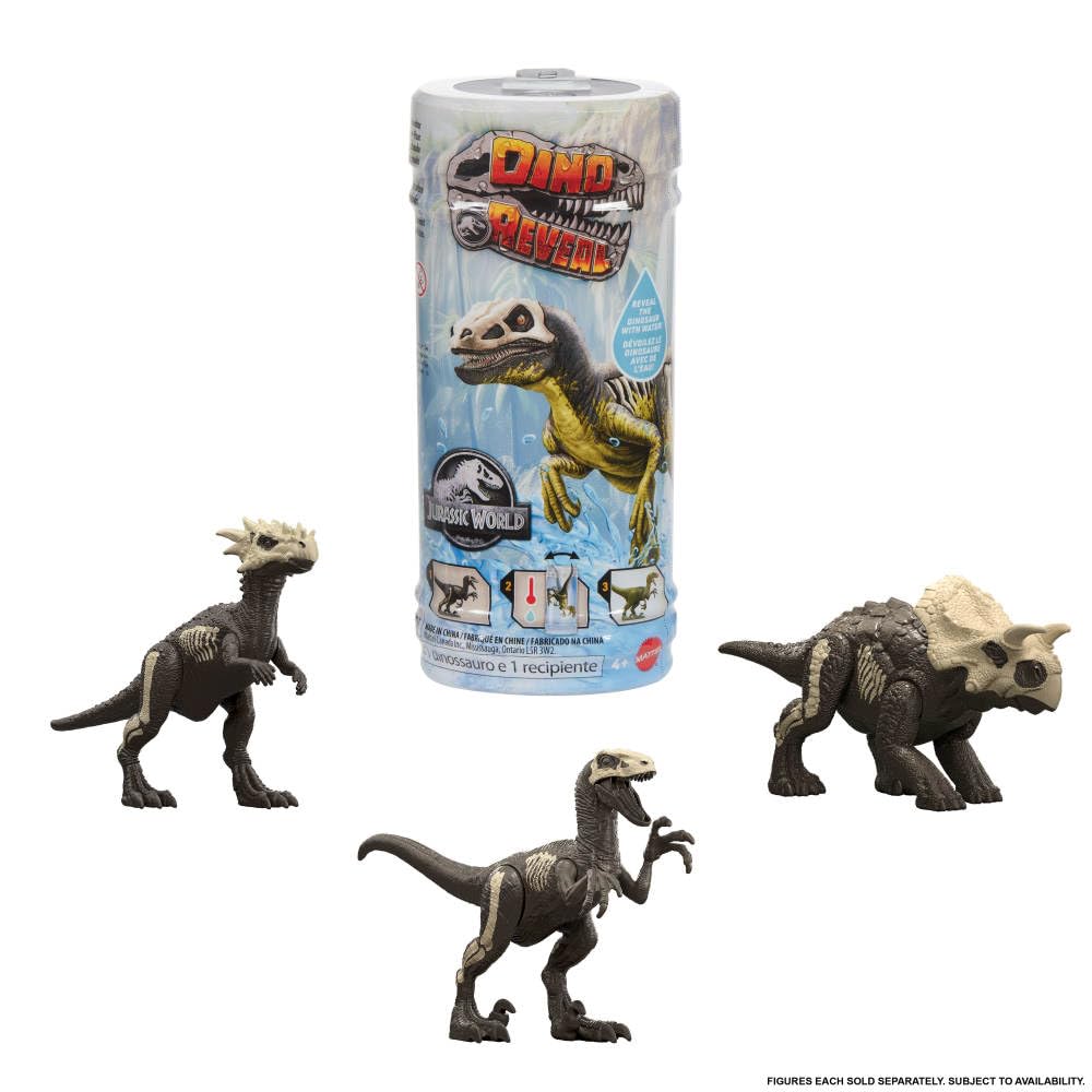 Mattel Jurassic World Dino Reveal Dinosaur Toys, Unpack Surprise & Warm Water Uncovers Full Decoration, 5 to 7 Inches, Species Vary