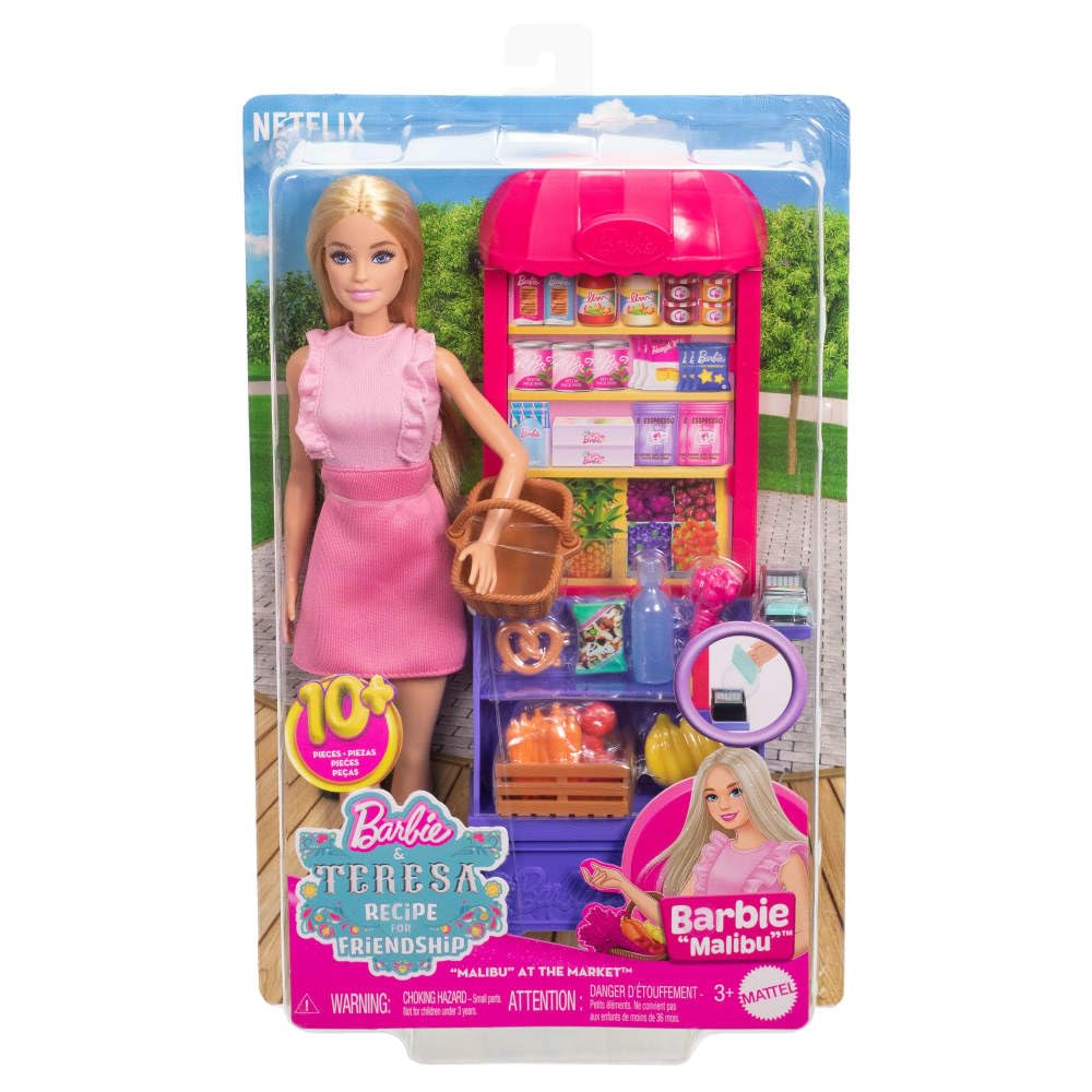 Barbie and Teresa Recipe for Friendship Fashion Doll & Playset, Malibu at the Market Theme with 11 Accessories Including Market Stand & Food