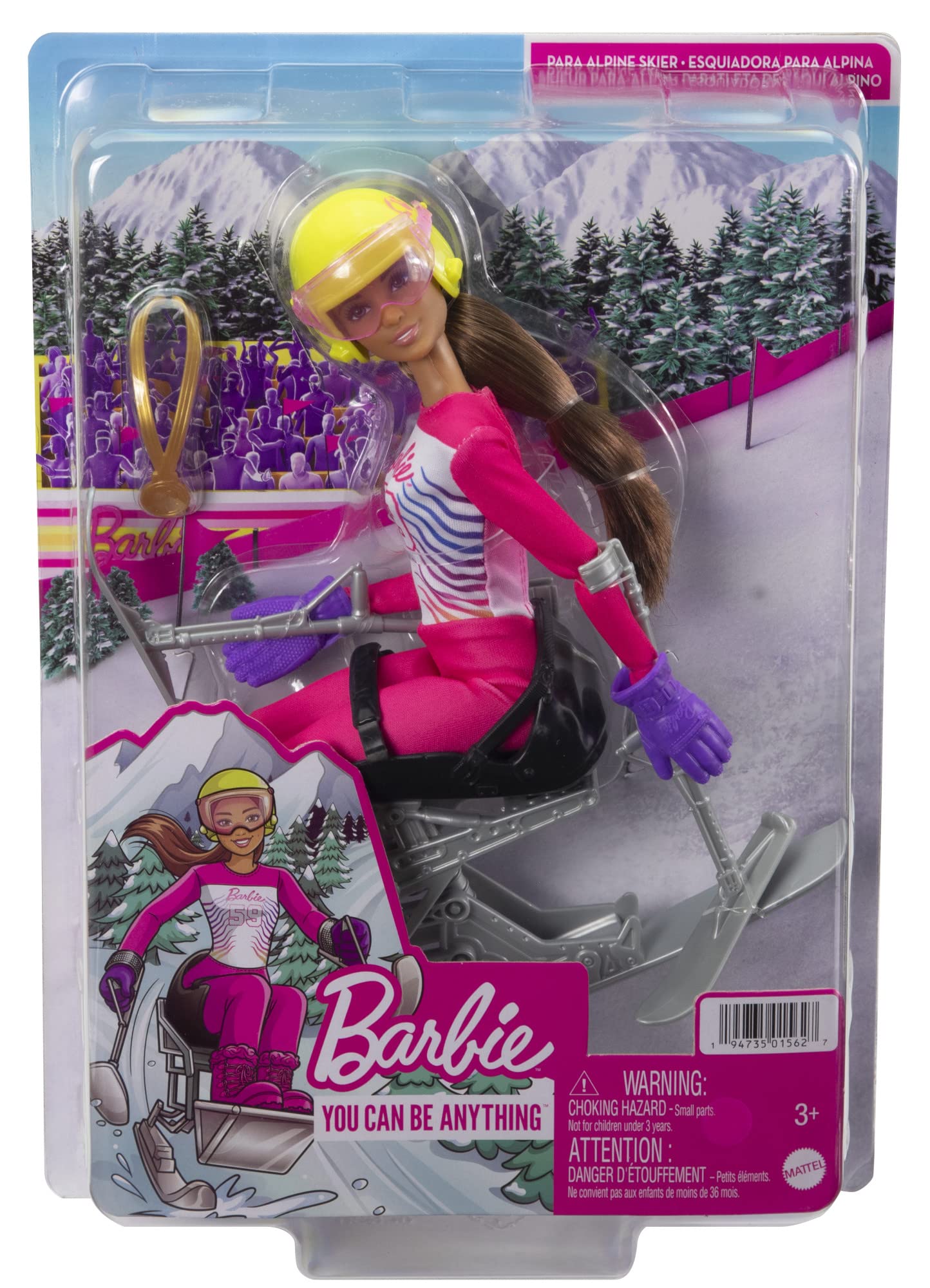 Barbie Careers Doll & Accessories, Winter Sports para Alpine Brunette Skier Doll Wearing Removable Outfit with Sit Ski, Poles & More