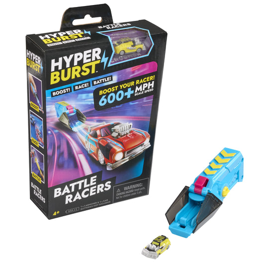 Hyper Burst Battle Racers Yellow Crusher Car & Launcher | Over 600+ MPH Scale Speed! | Racing Micro Scale Cars and Battle Action Toys | Ages 5+
