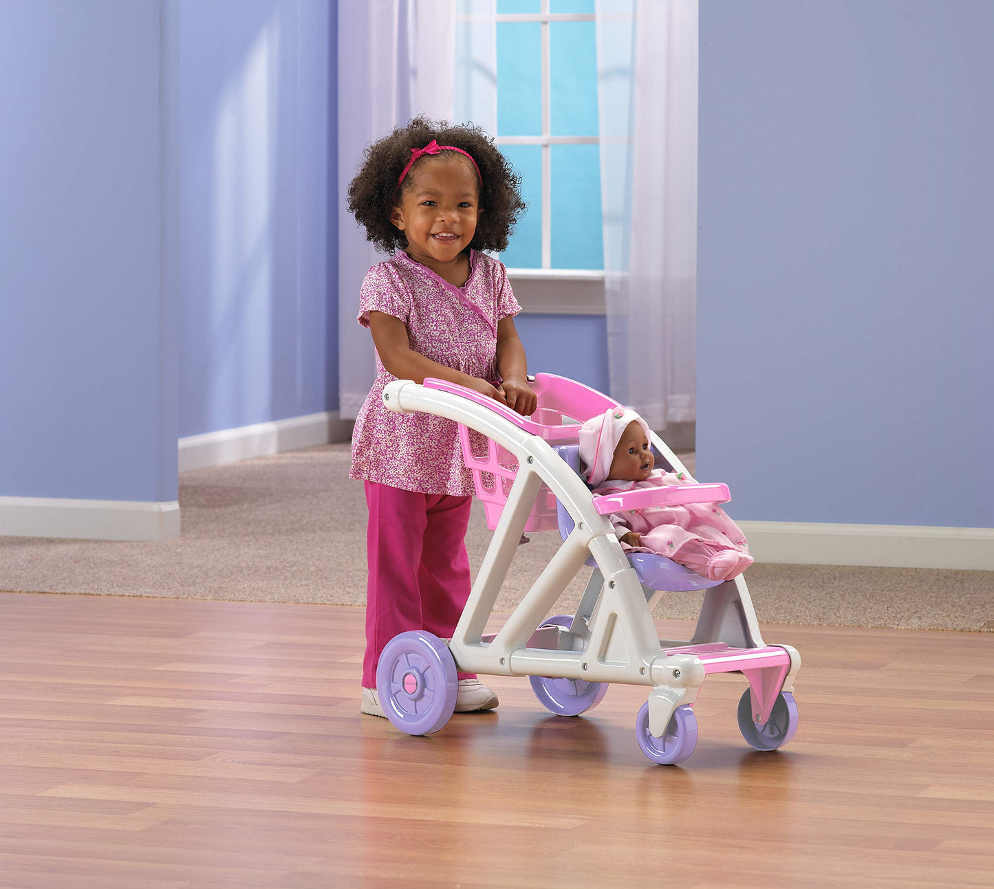 American Plastic Toys Shop with Me Stroller for Toddler & Kids Ages 2 and Up, 2-in-1 Stroller and Shopping Cart with Basket and Seat for Baby Doll