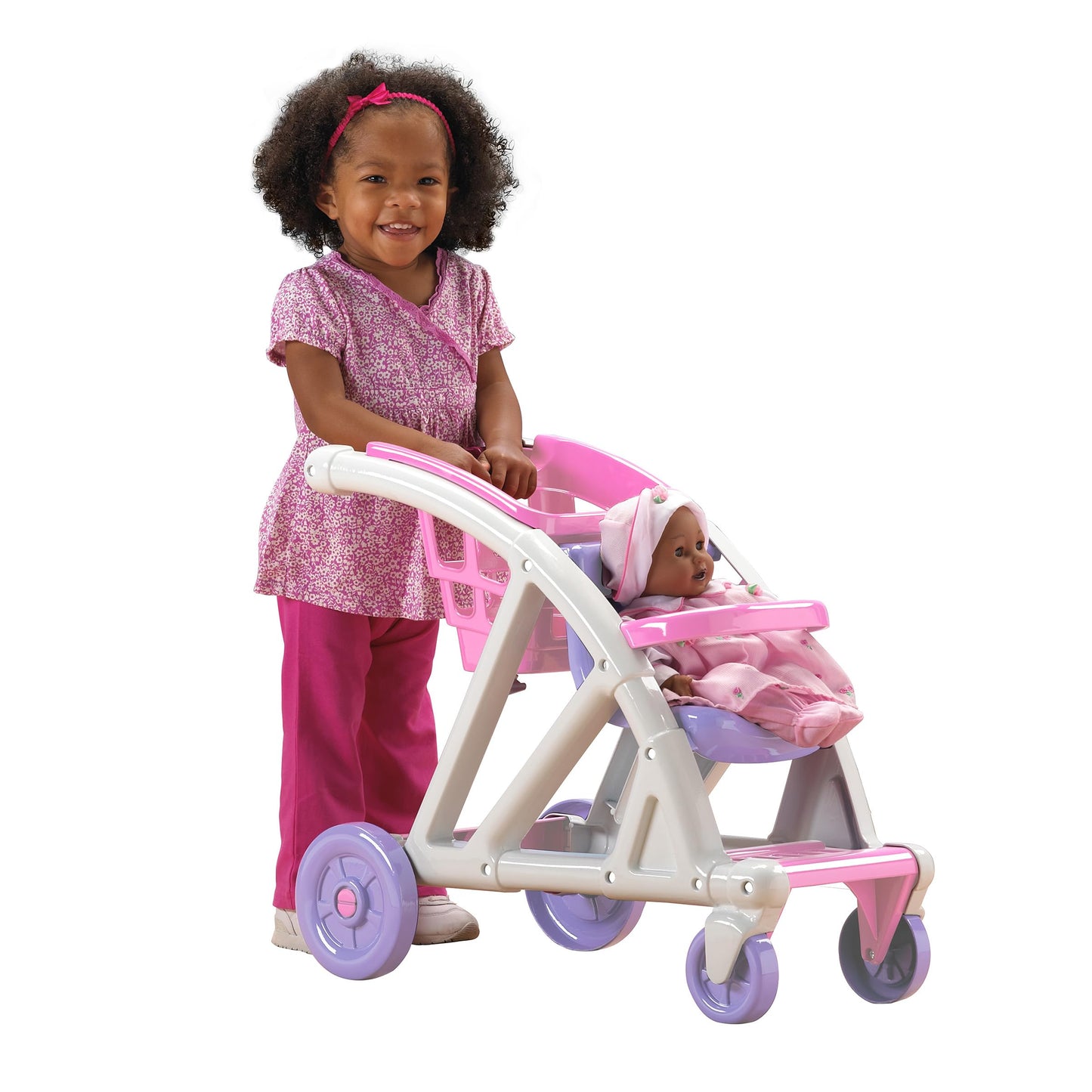 American Plastic Toys Shop with Me Stroller for Toddler & Kids Ages 2 and Up, 2-in-1 Stroller and Shopping Cart with Basket and Seat for Baby Doll