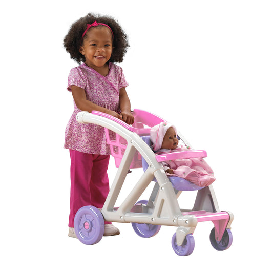 American Plastic Toys Shop with Me Stroller for Toddler & Kids Ages 2 and Up, 2-in-1 Stroller and Shopping Cart with Basket and Seat for Baby Doll