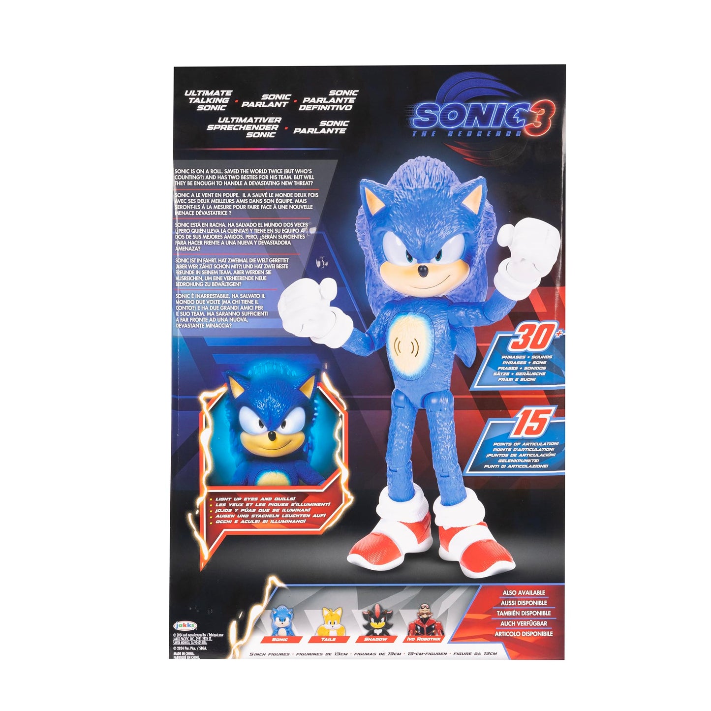 Sonic the Hedgehog 3 Ultimate Talking Sonic 12-Inch Figure, Features 30+ Iconic and Humorous Phrases and Sounds from the Movies, Light-Up Eyes and Quills
