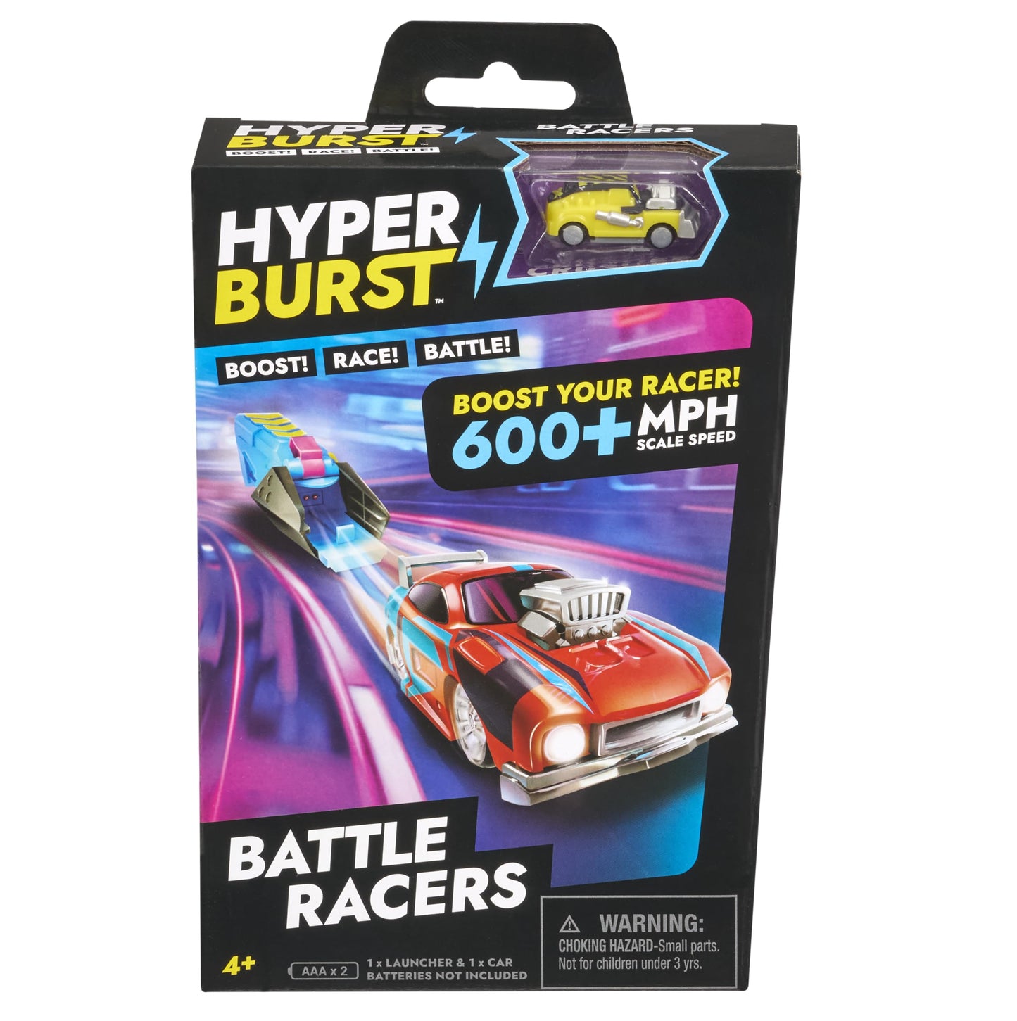 Hyper Burst Battle Racers Yellow Crusher Car & Launcher | Over 600+ MPH Scale Speed! | Racing Micro Scale Cars and Battle Action Toys | Ages 5+