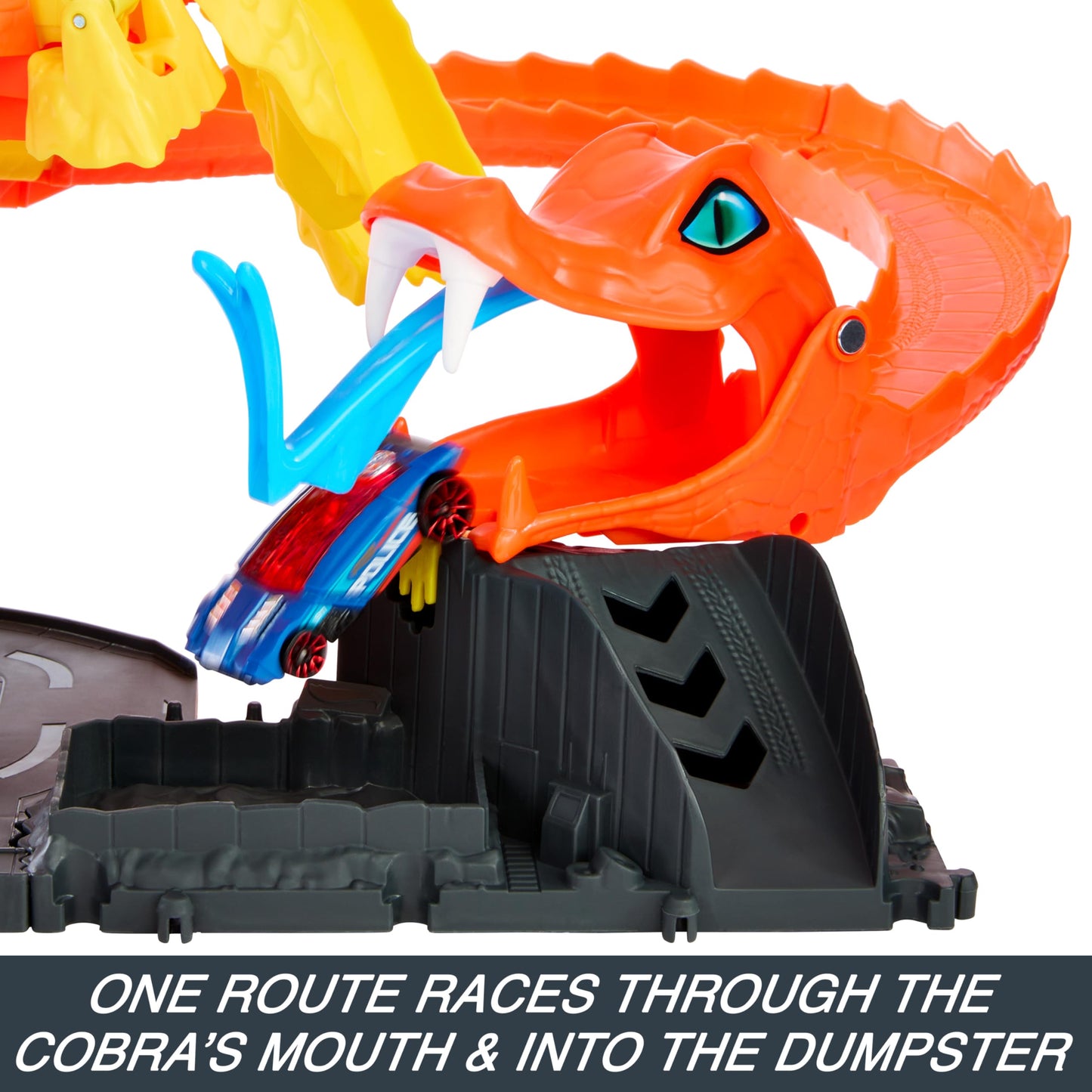 Hot Wheels City Toy Car Track Set, Pizza Slam Cobra Attack Playset, Snake Tail Spiral with Randomizer, 1 Vehicle in 1:64 Scale