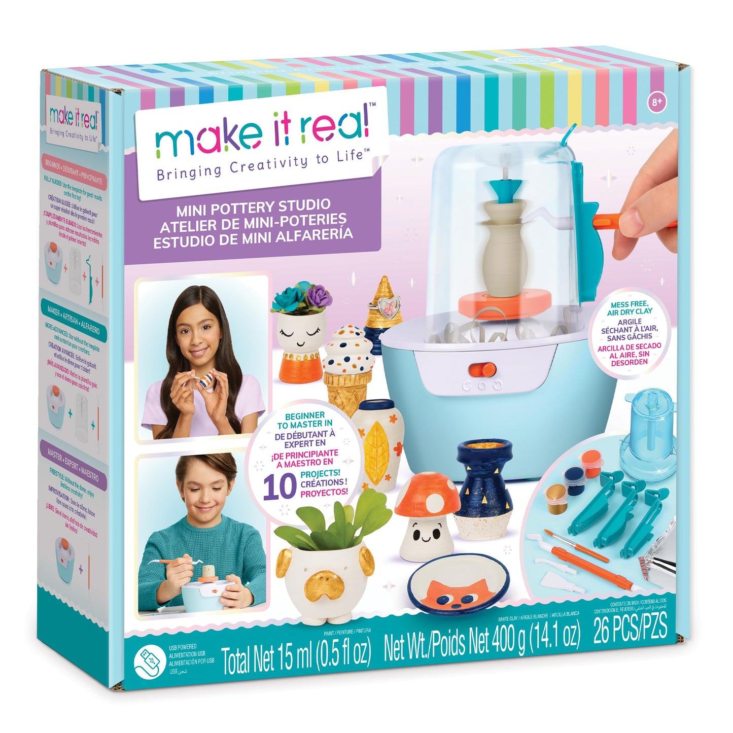 Make It Real Mini Pottery Studio - 26-Piece DIY Pottery Kit with Mess-Free Air Dry Clay - Create 10 Miniature Projects, Beginner to Master Levels - Innovative Centering Tool - Great for Kids Ages 8