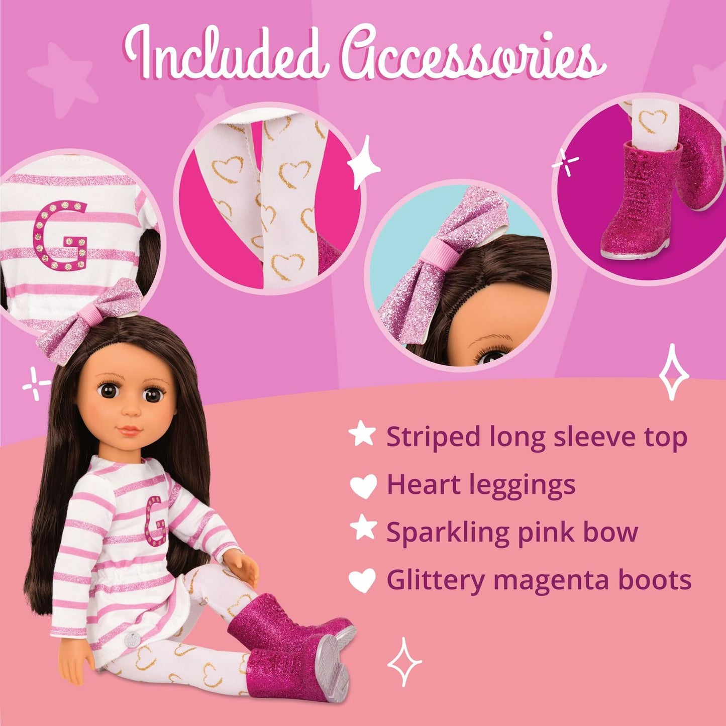 Glitter Girls – 14-Inch Fashion Doll – Straight Brown Hair & Brown Eyes – Striped Tunic & Glitter Boots – Hair Bow & Heart Leggings – 3+ Years– Sarinia