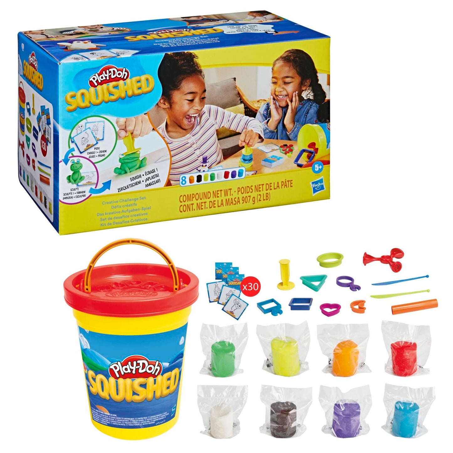 Play-Doh Squished Creative Challenge Set with 4 Activities for Kids 5 Years and Up, 30 Challenge Cards, Mega Can with 8 Modeling Compound Colors