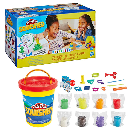 Play-Doh Squished Creative Challenge Set with 4 Activities for Kids 5 Years and Up, 30 Challenge Cards, Mega Can with 8 Modeling Compound Colors