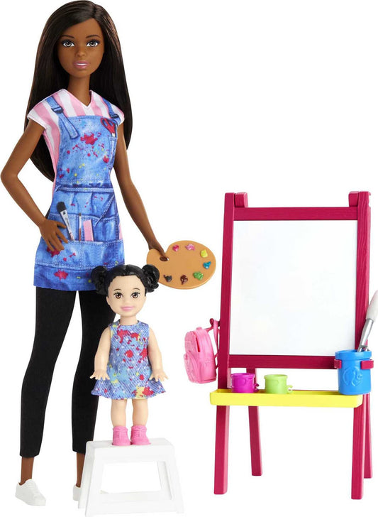 Barbie Art Teacher Playset with Brunette Doll, Toddler Doll, Easel with Color-Change Feature, Palette, Brush, Containers, Step Stool for Ages 3 and Up
