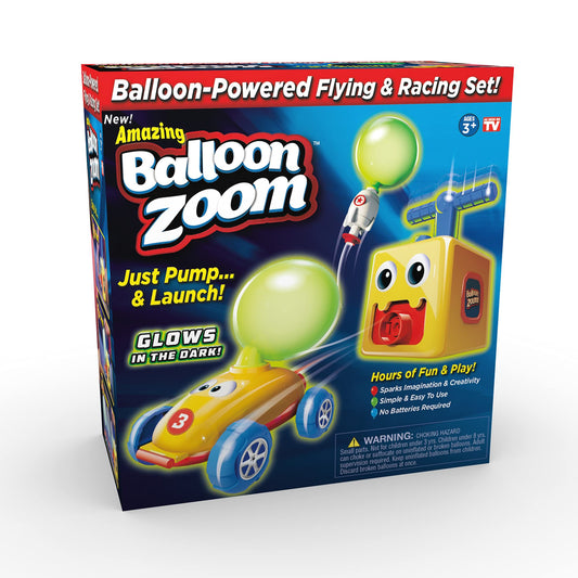 Ontel Balloon Zoom - Balloon-Powered Race Car and Rocket Launcher Toy Set, Ages 3+, Blue Racer Car Box Set