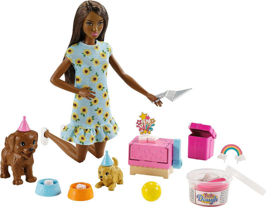 Barbie Doll (11.5-inch Brunette) and Puppy Party Playset with 2 Pet Puppies, Dough, Cake Mold and Accessories, Gift for 3 to 7 Year Olds